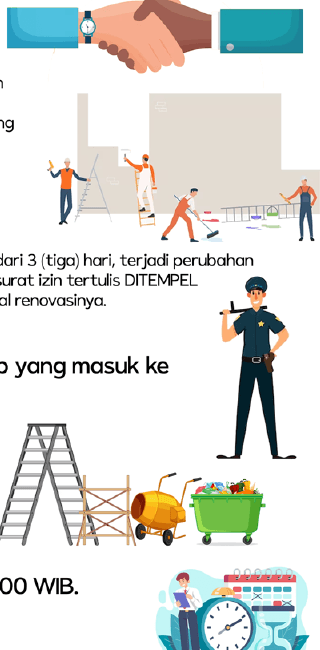 Ilustrasi asli panduan renovasi OPAL tentang izin tetangga, pekerjaan bangunan, keamanan, dan jam kerja