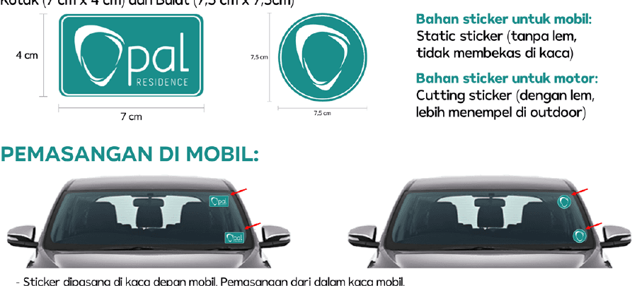 Contoh asli bentuk dan posisi pemasangan stiker kendaraan OPAL pada kaca depan mobil