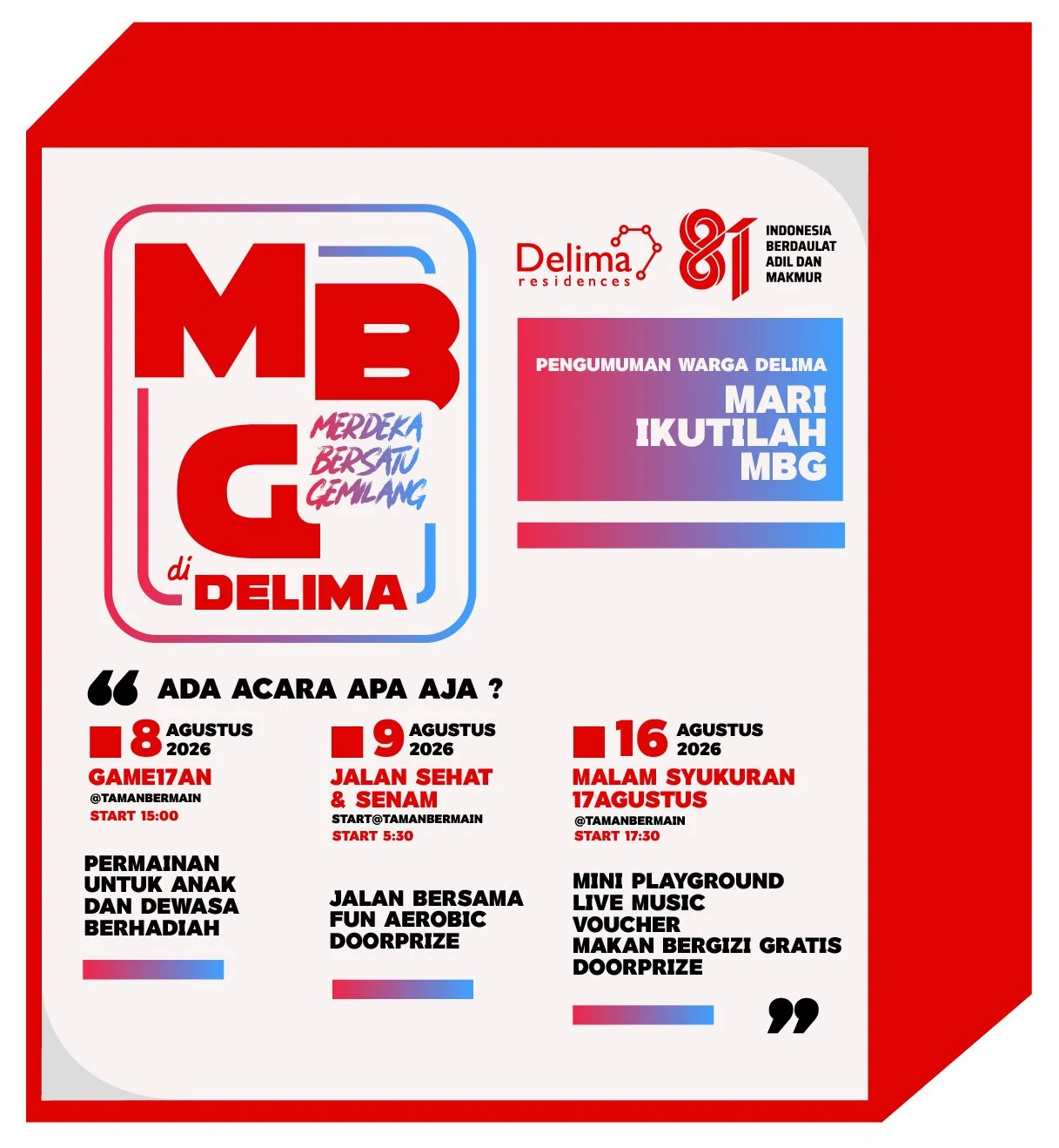 Poster acara Merdeka Bersatu Gemilang di Delima, Agustus 2026
